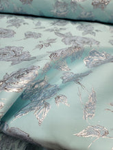 Load image into Gallery viewer, Fabric Sold By The Yard Aqua Blue Metallic Silver Brocade Sewing Fabric Embossed
