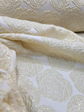 Load image into Gallery viewer, Metallic Brocade Fabric Sold By The Yard ROSES Embossed Textured Pale Yellow 57&quot;
