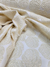 Load image into Gallery viewer, Metallic Brocade Fabric Sold By The Yard ROSES Embossed Textured Pale Yellow 57&quot;
