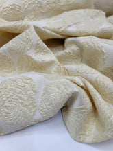 Load image into Gallery viewer, Metallic Brocade Fabric Sold By The Yard ROSES Embossed Textured Pale Yellow 57&quot;
