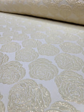 Load image into Gallery viewer, Metallic Brocade Fabric Sold By The Yard ROSES Embossed Textured Pale Yellow 57&quot;
