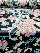 Load image into Gallery viewer, Fabric Sold By The Yard Brocade Lavender Floral Blue And Pink On Black Jacquard
