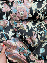 Load image into Gallery viewer, Fabric Sold By The Yard Brocade Lavender Floral Blue And Pink On Black Jacquard
