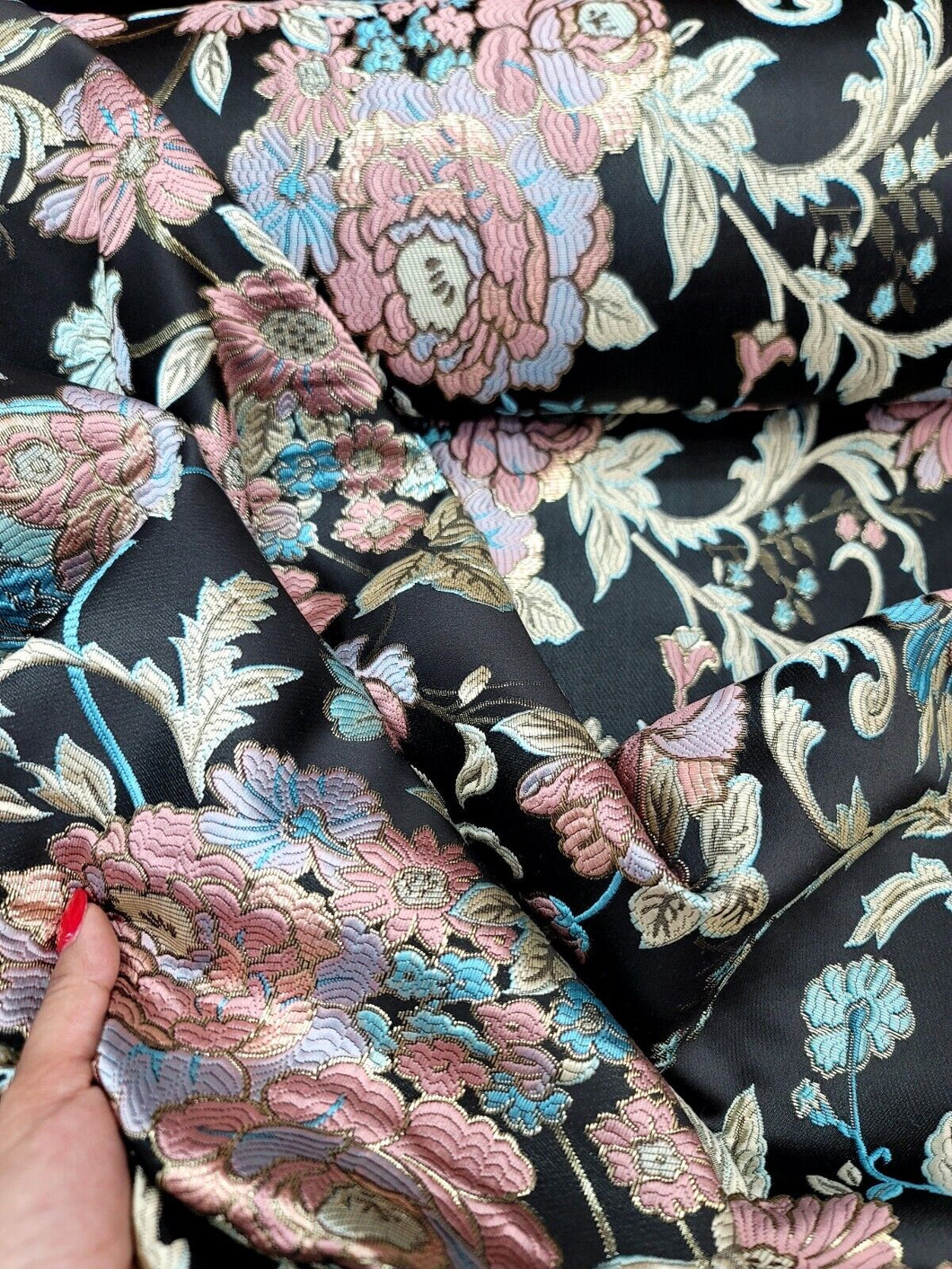 Fabric Sold By The Yard Brocade Lavender Floral Blue And Pink On Black Jacquard