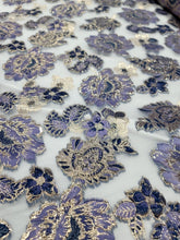 Load image into Gallery viewer, LAVENDER GOLD Floral Brocade Fabric By The Yard SHEER CLEAR ORGANZA FOR DRESS
