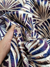 Load image into Gallery viewer, Metallic Brocade Fabric Sold By The Yard Purple BLUE Geometric On Beige Backgrou
