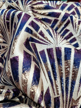 Load image into Gallery viewer, Metallic Brocade Fabric Sold By The Yard Purple BLUE Geometric On Beige Backgrou
