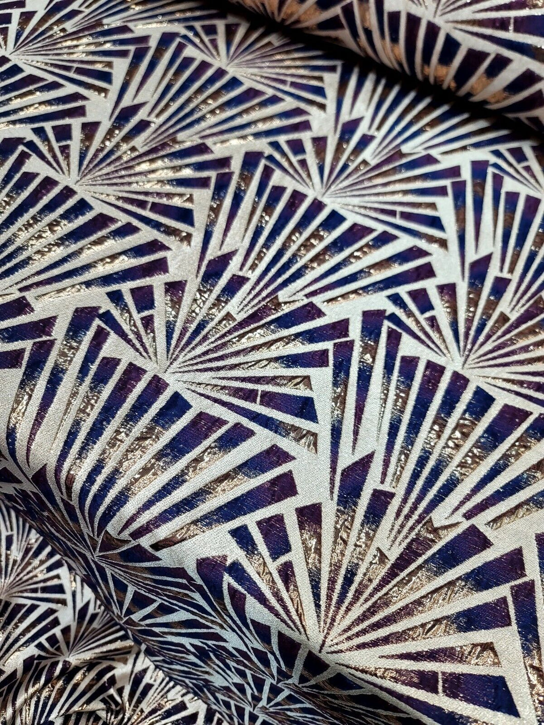 Metallic Brocade Fabric Sold By The Yard Purple BLUE Geometric On Beige Backgrou