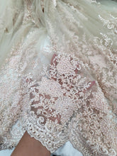 Load image into Gallery viewer, Fabric Sold By The Yard Blush Pink flower Embroidery Pearl Beaded Lace NUDE MES
