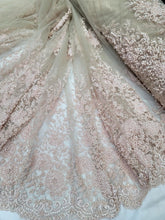 Load image into Gallery viewer, Fabric Sold By The Yard Blush Pink flower Embroidery Pearl Beaded Lace NUDE MES
