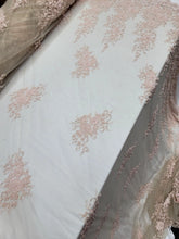 Load image into Gallery viewer, Fabric Sold By The Yard Blush Pink flower Embroidery Pearl Beaded Lace NUDE MES
