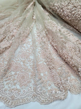 Load image into Gallery viewer, Fabric Sold By The Yard Blush Pink flower Embroidery Pearl Beaded Lace NUDE MES
