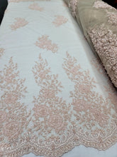 Load image into Gallery viewer, Fabric Sold By The Yard Blush Pink flower Embroidery Pearl Beaded Lace NUDE MES
