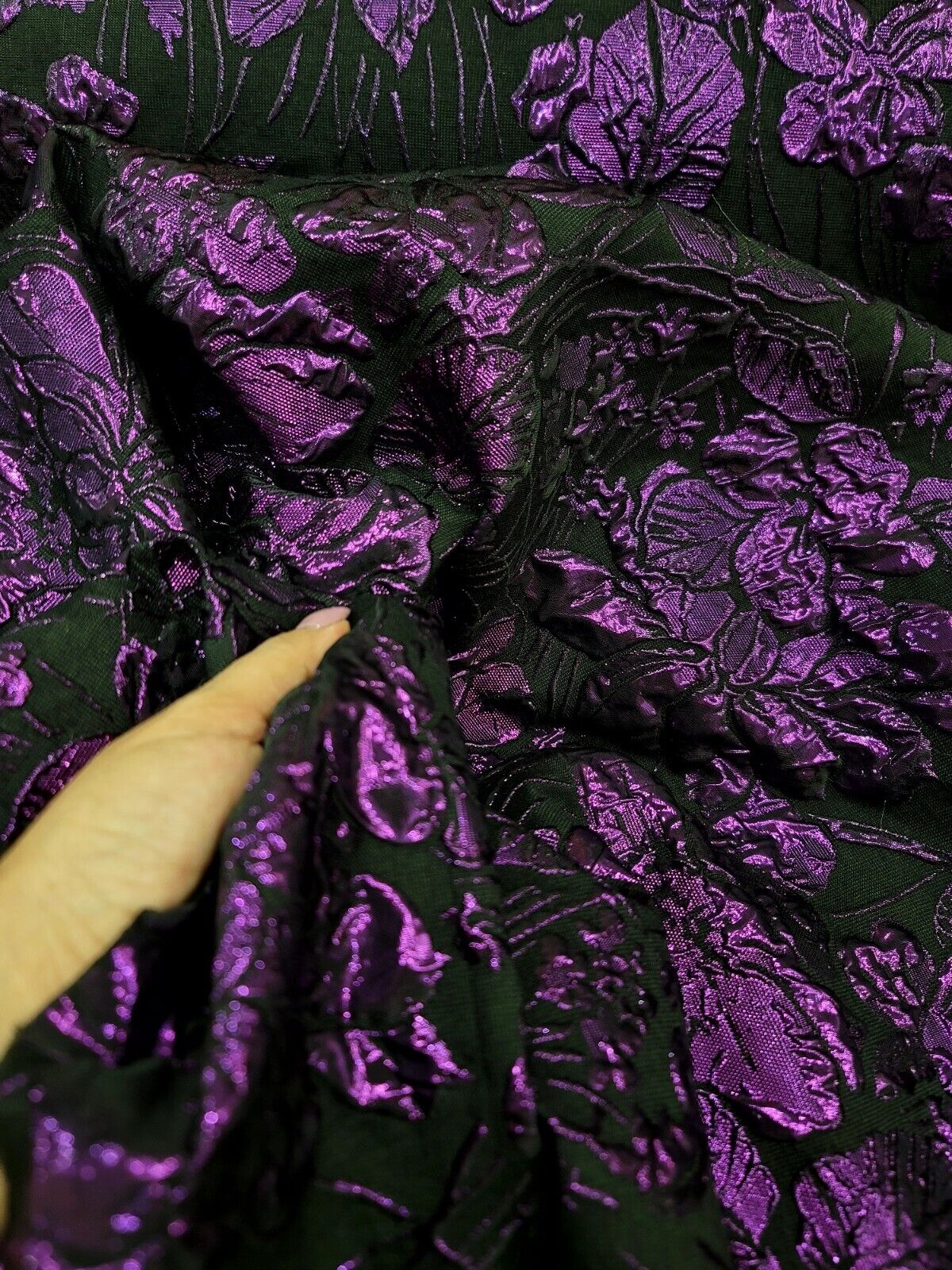 METALLIC Purple Embossed Floral Brocade Fabric By the Yard BLACK