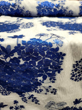 Load image into Gallery viewer, ROYAL BLUE Floral Brocade Fabric Sold By The Yard WHITE FRENCH ORGANZA BRIDAL
