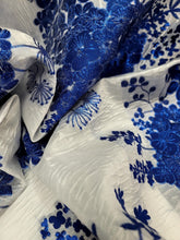 Load image into Gallery viewer, ROYAL BLUE Floral Brocade Fabric Sold By The Yard WHITE FRENCH ORGANZA BRIDAL
