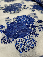 Load image into Gallery viewer, ROYAL BLUE Floral Brocade Fabric Sold By The Yard WHITE FRENCH ORGANZA BRIDAL
