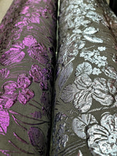 Load image into Gallery viewer, Fabric Sold By The Yard Black Brocade Metallic Blue Floral Embossed Textured
