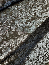 Load image into Gallery viewer, Fabric Sold By The Yard Black Brocade Metallic Blue Floral Embossed Textured

