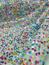 Load image into Gallery viewer, Fabric By The Yard Mint Embroidery Sequin Iridescent Multicolor Stretch Shiny
