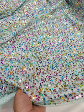 Load image into Gallery viewer, Fabric By The Yard Mint Embroidery Sequin Iridescent Multicolor Stretch Shiny
