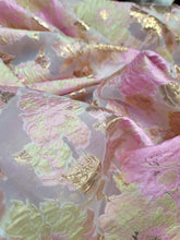 Load image into Gallery viewer, Floral Brocade Fabric Sold By The Yard On CLEAR ORGANZA PROM DRESS PINK GOLD
