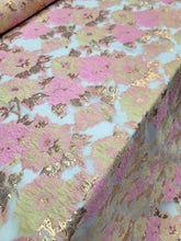 Load image into Gallery viewer, Floral Brocade Fabric Sold By The Yard On CLEAR ORGANZA PROM DRESS PINK GOLD
