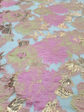 Load image into Gallery viewer, Floral Brocade Fabric Sold By The Yard On CLEAR ORGANZA PROM DRESS PINK GOLD
