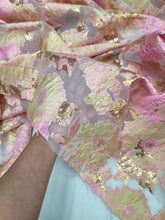 Load image into Gallery viewer, Floral Brocade Fabric Sold By The Yard On CLEAR ORGANZA PROM DRESS PINK GOLD
