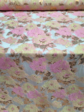 Load image into Gallery viewer, Floral Brocade Fabric Sold By The Yard On CLEAR ORGANZA PROM DRESS PINK GOLD
