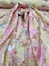 Load image into Gallery viewer, Floral Brocade Fabric Sold By The Yard On CLEAR ORGANZA PROM DRESS PINK GOLD
