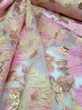 Load image into Gallery viewer, Floral Brocade Fabric Sold By The Yard On CLEAR ORGANZA PROM DRESS PINK GOLD
