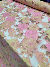 Load image into Gallery viewer, Floral Brocade Fabric Sold By The Yard On CLEAR ORGANZA PROM DRESS PINK GOLD
