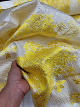 Load image into Gallery viewer, YELLOW Floral Embossed Brocade Fabric Sold By The Yard White Organza Textured
