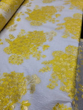 Load image into Gallery viewer, YELLOW Floral Embossed Brocade Fabric Sold By The Yard White Organza Textured
