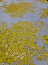 Load image into Gallery viewer, YELLOW Floral Embossed Brocade Fabric Sold By The Yard White Organza Textured
