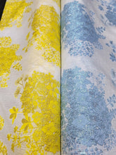 Load image into Gallery viewer, YELLOW Floral Embossed Brocade Fabric Sold By The Yard White Organza Textured
