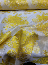 Load image into Gallery viewer, YELLOW Floral Embossed Brocade Fabric Sold By The Yard White Organza Textured
