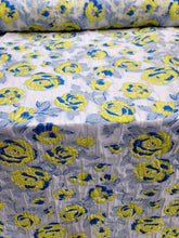 Load image into Gallery viewer, Fabric Sold By Yard White Organza Silk Yellow Floral Royal Blue Brocade Dress
