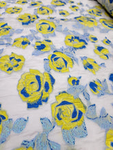 Load image into Gallery viewer, Fabric Sold By Yard White Organza Silk Yellow Floral Royal Blue Brocade Dress
