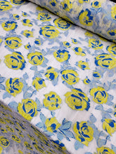 Load image into Gallery viewer, Fabric Sold By Yard White Organza Silk Yellow Floral Royal Blue Brocade Dress
