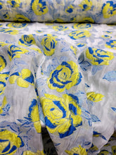 Load image into Gallery viewer, Fabric Sold By Yard White Organza Silk Yellow Floral Royal Blue Brocade Dress
