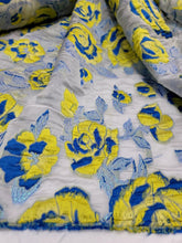 Load image into Gallery viewer, Fabric Sold By Yard White Organza Silk Yellow Floral Royal Blue Brocade Dress
