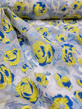 Load image into Gallery viewer, Fabric Sold By Yard White Organza Silk Yellow Floral Royal Blue Brocade Dress
