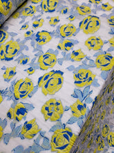 Load image into Gallery viewer, Fabric Sold By Yard White Organza Silk Yellow Floral Royal Blue Brocade Dress
