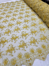 Load image into Gallery viewer, Fabric Sold By The Yard Yellow Beaded Lace Fashion Embroidery Floral Scallops
