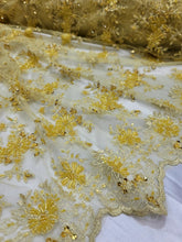 Load image into Gallery viewer, Fabric Sold By The Yard Yellow Beaded Lace Fashion Embroidery Floral Scallops
