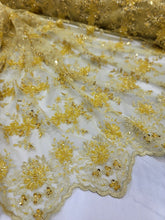 Load image into Gallery viewer, Fabric Sold By The Yard Yellow Beaded Lace Fashion Embroidery Floral Scallops
