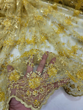 Load image into Gallery viewer, Fabric Sold By The Yard Yellow Beaded Lace Fashion Embroidery Floral Scallops
