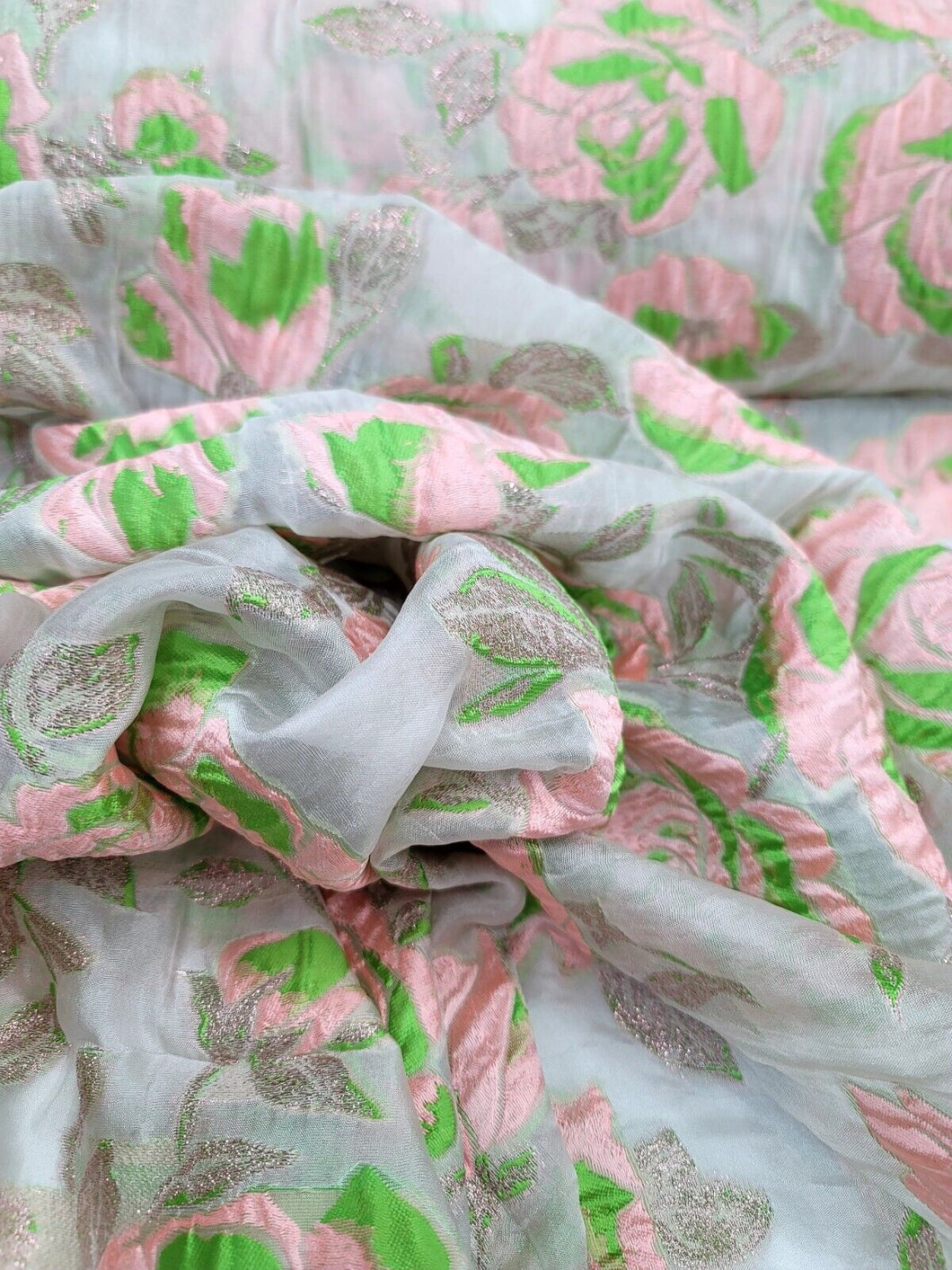 Fabric Sold By The Yard Fashion White ORGANZA Blush PINK Green FLORAL BROCADE